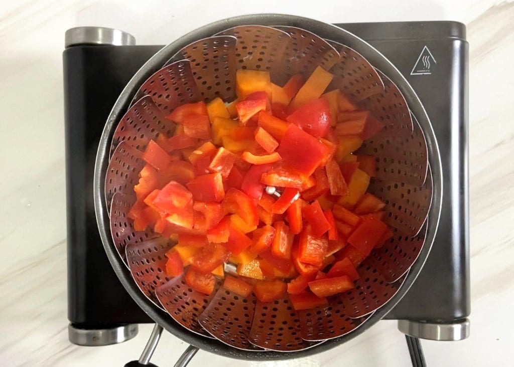 Making Red Pepper + Sweet Potato Baby Food