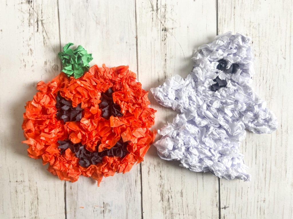 Tissue paper jack-o-lantern and ghost Halloween crafts.
