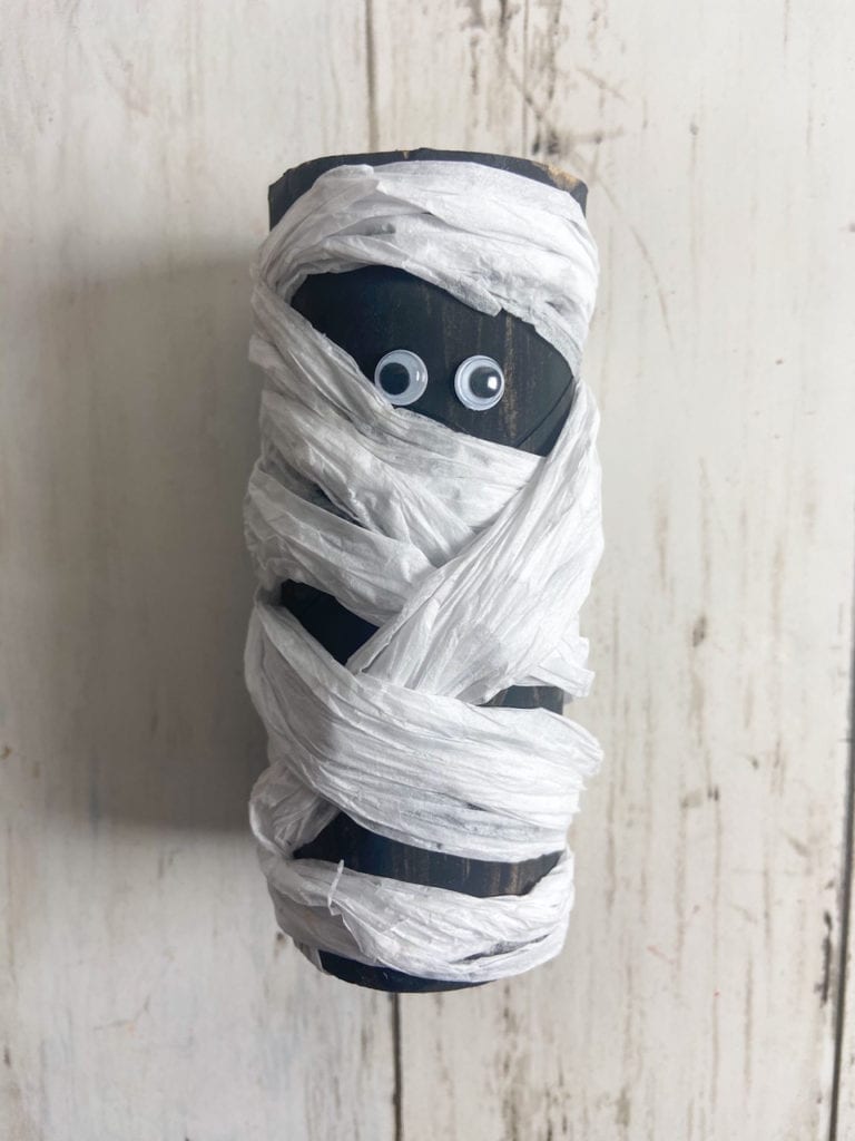 Toilet paper roll mummy Halloween craft.