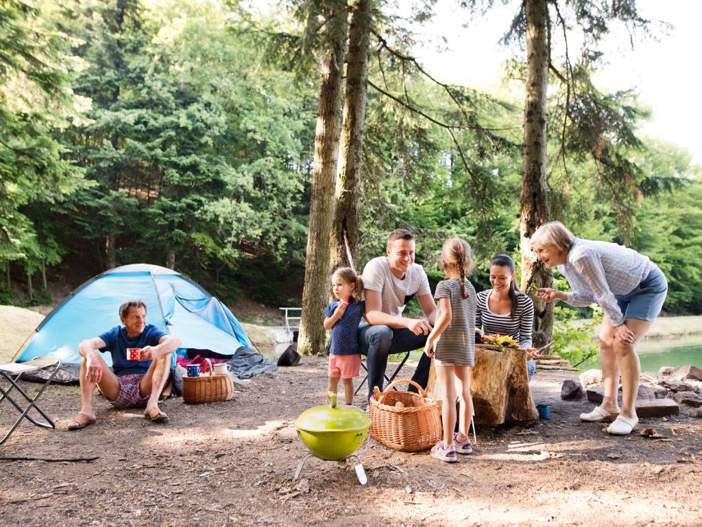 A large family with all ages gathered around a food platter situated on a log in a forested campground.