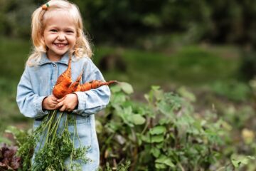 A young blonde girl wearing a denim shirt stands in a garden smiling, holding a handful of freshly picked carrots.