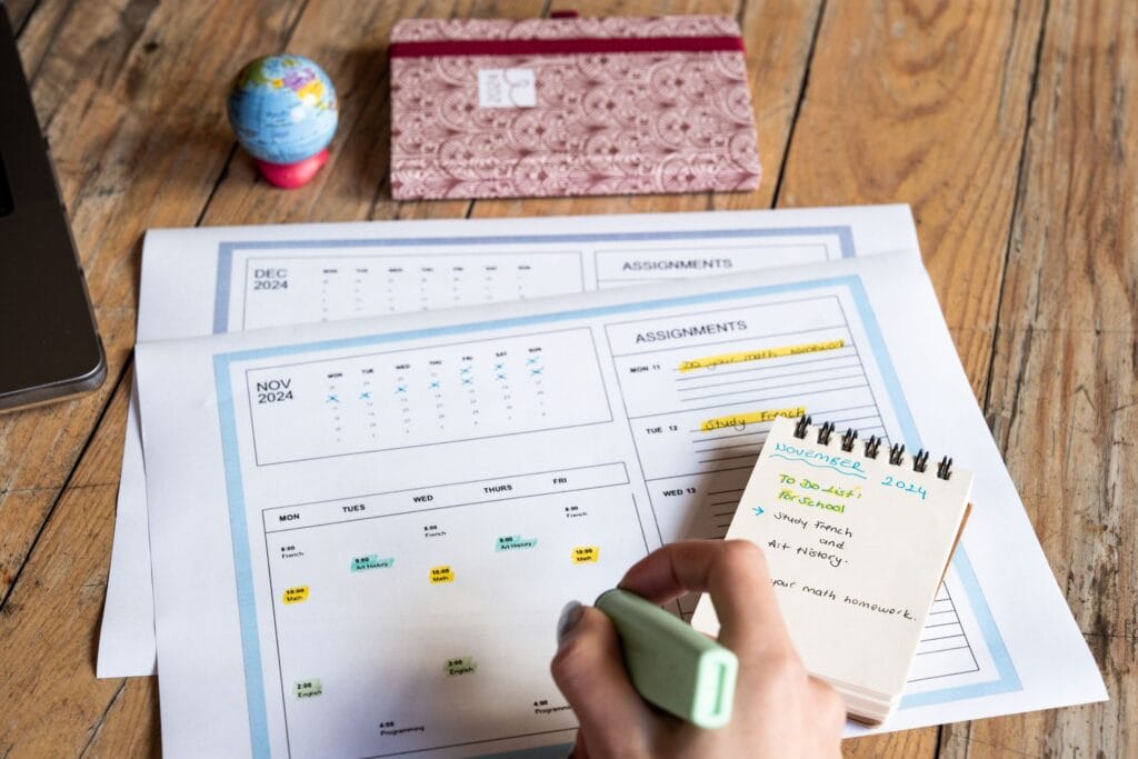 Person planning tasks with a calendar and notepad on a wooden table.