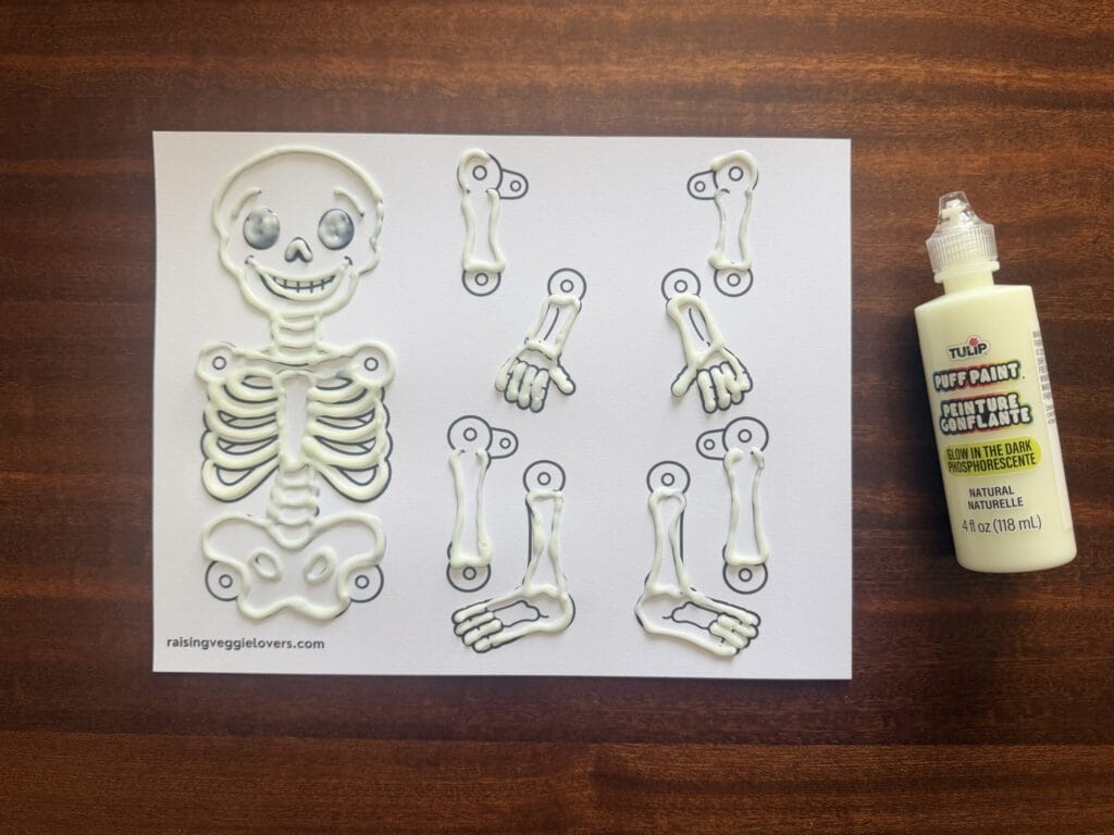 Printable skeleton craft template decorated with glow-in-the-dark puffy paint before cutting out the pieces.